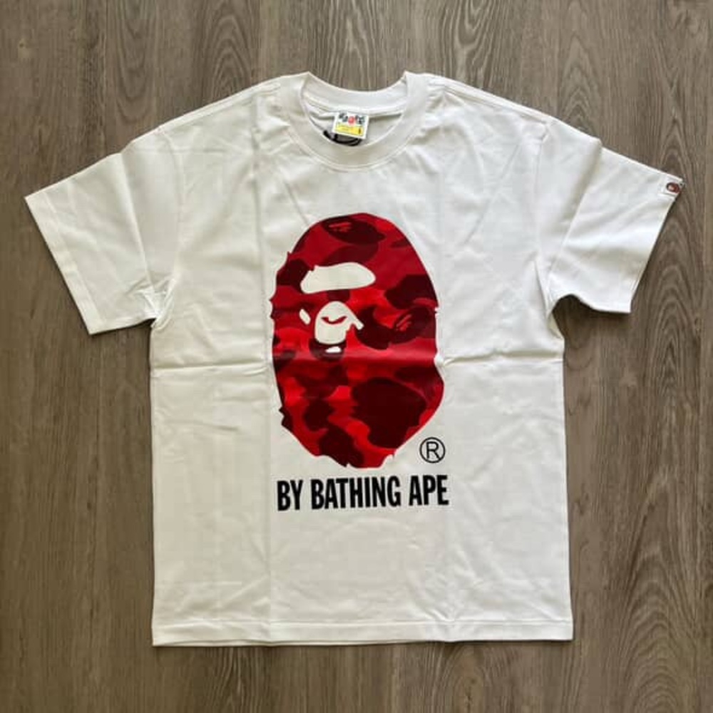 Bape White Tee with Red Camo Ape Graphic